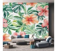 Pink and Green Mural Wallpaper, Tropical Flower Leaf Wallpaper for Living Room, TV Backdrop, Office, Hotel Wall Background, 3D Large Wall Mural Non-Woven Wallpaper 350 x 256 cm (WxH)