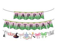 Pink and Green Party Decorations Banner Happy Birthday Themed Party Decorations Paper Cutouts Garland Crown Witch Hat Castle Bows Accessories for Halloween Children's Day Supplies