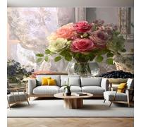Pink and Green Wall Murals for Living Room Roses in vase on Table 3D Print Photo Wallpaper Luxury Design Modern Non-Woven Wall Mural Sofa TV Kids Bedroom Decoration 200 x 140cm