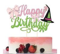 Pink and Green Witch Happy Birthday Cake Topper - Glitter Bow Princess and Witch Cake Decoration for Halloween Fantasy Themed Birthday Party Supplies