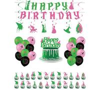Pink and Green Witch Party Decorations, Banner, Hanging Swirls, Balloons, Cake/Cupcake Toppers, Witch & Princess Birthday Decorations Party Supplies