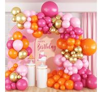 Pink and Orange Balloons Arch Kit, 122 Pcs Hot Pink Orange with Metallic Gold Latex Balloon Garland, Pastel Pink Orange Gold Balloon for Birthday Summer Tropical Wedding Groovy Theme Party Decorations