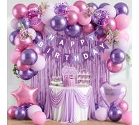 Pink and Purple Birthday Decorations, 48pcs Purple Party Decorations with Happy Birthday Banner Latex Balloons Tinsel Curtain Star Heart Foil Balloons for Girls Women Kpop Birthdays Decoration