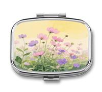 Pink and Purple Flower Watercolor Small Pill Box for Purse Travel Essentials Metal Pill Case 2 Compartments Compact Medicine Container Portable Daily Pill Organizer for Vitamins Fish Oils