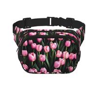 pink and tulips print Fanny Pack Purse with Adjustable Strap Square Double Layer Waist Bag Belt Unisex Everywhere