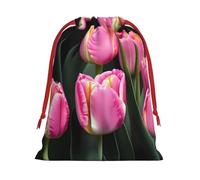 Pink And Tulips Print Print Christmas Drawstring Gift Bags, Xmas Holiday Fabric Gift Wrapping Bag For Party, Size-L