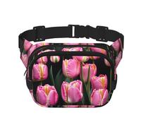 Pink and Tulips Print Print Waist Pack Square Waist Bag Workout Hiking Running Travel Gym Pretty Zipper Fashion