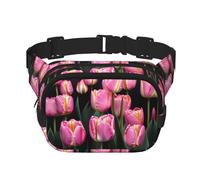 pink and tulips print print Womens Fanny Pack Everyday Hip Pouch Waist Bag for Travel Outdoor Running Hunting for Adult, Black, One Size