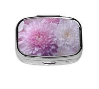 Pink and White Chrysanthemum Pill Box Square Metal Pill Case with 2 Compartment Travel Pill Organizer for Vitamins Medication