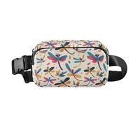 Pink and White Color Flamingo Illustration Mini Fanny Waist Pack with Adjustable Strap for Travel Vacation Running, Dragonfly Pattern Illustration, One Size