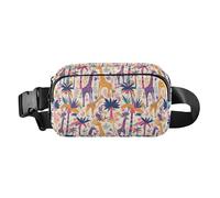 Pink and White Color Flamingo Illustration Mini Fanny Waist Pack with Adjustable Strap for Travel Vacation Running, Exotic Palm Tree Giraffe, One Size