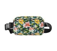 Pink and White Color Flamingo Illustration Mini Fanny Waist Pack with Adjustable Strap for Travel Vacation Running, Flowers Leaves White Pink Yellow, One Size
