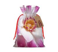 Pink and White Flower Printed Christmas Drawstring Bags Reusable Xmas Bag for Party Xmas Gift Wrapping, Red Ribbon, M