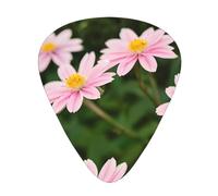 Pink and white flower shape guitar pick, all-over print on one side, ABS material, various thickness for a varied musical experience, ideal for guitars and