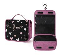 Pink and White Hearts on Black Travel Toiletry Bag for Women,Hanging Makeup Organizer with Hook for Shampoo