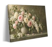 Pink And White Roses with Lilacs Floral Still Life Poster 12x18inch | Cascading bouquet in a mottled vase, realistic petals and warm lighting, botanical wall art for a dining room