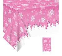 Pink and White Snowflake Tablecloths for Christmas Party,130*220cm Christmas Winter Snowflakes Table Cover Disposable Plastic Table Cloth for Winter Holiday Birthday Xmas Party Supplies Decorations