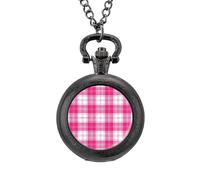 Pink and White Tartan Plaid Vintage Pocket Watch Alloy Pendant Watches Necklace Gift for Men Women Black-Style