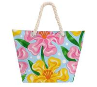 Pink And Yellow Flowers Are in Full Bloom Large Tote Bag for Women, Waterproof Durable Beach Bag with Hemp Rope Handle, Multifunctional Hemp Rope Shopping Bag for Beach Park Travel Work Daily Use