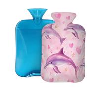 Pink Animal Dolphins Hearts Hot Water Bottle with Cover, 2L Large Capacity Hot Water Bag for Hot Cold Compress, Hand Feet Warmer, Neck Shoulder Pain Relief