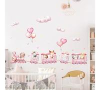 Pink Animal Train Wall Decals, Safari Bear Rabbit Zebra on Outing Wall Stickers Peel and Stick Jungle Wall Decal Self Adhesive Wall Art Sticker for Girls Baby Nursery Kids Room Home Decor