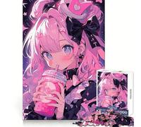 Pink Anime Girl Drinking Boba Tea 1000 Piece Jigsaw Puzzles for Adults Jigsaw Think Toy Home Enjoy Fine Cut Santa Wish Gift (38x52cm)