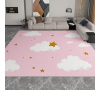 Pink Area Rugs 140 x 200 cm, Machine Washable Rug Cartoon Geometric White Clouds Golden Stars Carpet Non-Shedding Soft Living Room Carpets Anti Slip Floor Mat Large for Hallway Bedroom Kitchen Office