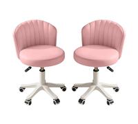 Pink Armless Rolling Desk Chair Height Adjustable Swivel Stool for Vanity Computer Spa & Work Comfy PU Leather Small Round Design Set of 2 with Backrest