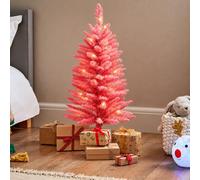 Pink Artificial Christmas Tree 3ft, Pre-Lit LED Xmas Decoration with 20 Warm White Lights, 98 Tips, Battery Powered, PVC Branches and Plastic Stand