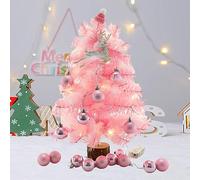 Pink Artificial Tabletop Christmas Tree 45cm Pink Mini Christmas Tree with Light Pink Feather Christmas Tree with Wooden Base Christmas Balls Glitter Deer Small Hat for Xmas Wedding Party Decoration