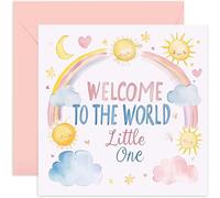 Pink Baby Shower Greeting Card - Watercolour Stars Rainbows Clouds Artwork - Keepsake Gifts for Birth of Daughter - Congratulations, Celebrations for New Parents Grandparents - Mummy to be
