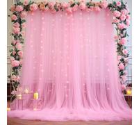 Pink Backdrop Curtains with Lights String for Baby Shower Girl Parties Sheer Tulle Backdrop Curtain Panels for Birthday Party Bridal Shower Photo Shoot Background Decorations 10×10ft (2 Panels 5×10ft)