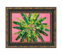 Pink Background Banana Leaf Poster, Tropical Plant Painting, Bold Green Foliage Wall Art Print for Modern Living Room Bedroom Decor, Vibrant Botanical Home Decor Retor Black Frame 24" L X 36" W