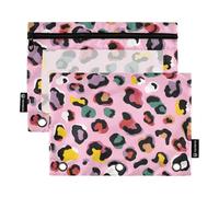 Pink Background with Colorful Leopard Print Pattern Pencil Pouch for 3 Ring Binder with Zipper 2 Pack Pencil Case with Clear Window Cosmetic Pencil Bag for Office College Supplies
