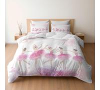 Pink Ballerina Girl Watercolor Painting Printed Duvet Cover, Reversible White Quilt Cover Bedding King Bed Set, Cosy Soft Hypoallergenic Non-Iron Comforter Covers with Pillowcases
