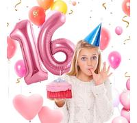Pink Balloons 16 for 16th Birthday Party Decor, Giant Helium Foil Number Balloons 40 Inch