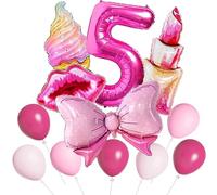 Pink Balloons, 35pcs Hot Pink Balloons Heart Lip Bow Lipstick Ice Cream Number 5 Balloons for Girl Birthday Number Balloons Hot Pink Party Balloons