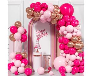 Pink Balloons Arch Kit, 115Pcs Hot Pink Pastel Metallic Rose Gold Confetti Ball