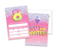 Pink Balloons Birthday Invitations, 8th Birthday Invites Card For Girl, Silver Glitter Birthday Fill In Invitations, 8 Years Old Girl Birthday Party Favors, 20 Invitations With Envelopes -04