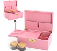 Pink Bamboo Wooden Stash Box with Lock, Wood Rolling Tray and Glass Storage Jars - Smoking Box with Lock, Glass Jars and Kit