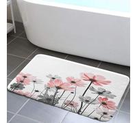 Pink Bath Rugs, Rustic Elegant Floral Pink and Gray Daisy Flower Bath Mats, Cute Wildflower Design Farmhouse Plant Grey Bathroom Rug Accessories Shower Mat Floor Mat