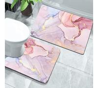 Pink Bathroom 2 Piece Set: Non-slip Bath Mat With Quick Water Absorption and Rubber Backing, Door Mat, Washable Shower Mat + Toilet Contour Mat, Pink Marble Stone Floor Design