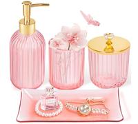 Pink Bathroom Accessories Set 4PCS Glass Bathroom Accessories Set with Soap Dispenser Toothbrush Holder Qtip Holder & Vanity Tray, Pink and Gold Bathroom Decor