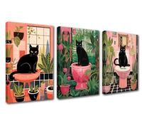 Pink Bathroom Animals Canvas Wall Art for Living Room Decor 3 Pieces Black Cat on the Toilet Wall Decor Artwork Lovely Bathroom Kitten Potted Plant Paintings Home Room Wall Pictures Framed 42''Wx20''H