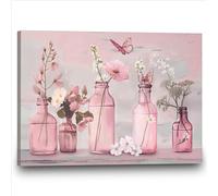 Pink Bathroom Canvas Wall Art Farmhouse Country Floral Bathroom Pictures Pink Rustic Bathroom Print Flower in Vase Painting Rustic Floral Butterfly Pictures Prints Country Painting 24x16inch No Frame