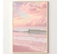 Coastal Ocean Waves Canvas Wall Art - Pink Sunset Beach Prints, 16x24in, No Frame