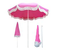 Pink Beach Parasol with Fringe 180cm Outdoor UV50+ Umbrella - Boho Garden, Removable Storage Bag, Waterproof for Holiday Pool Table