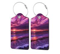 Pink Beach Sunset Printed,Luggage Tags Pu Leather Name Tag Travel Suitcase Identifier ID Tags Durable Luggage Label 2 pcs