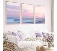 Pink Beach Wall Art Ocean Waves Painting Pink Coastal Poster Sunrise Beach Canvas Wall Art Beach Sunrise Picture Pink Sunset Painting Seascape Prints Sunset Landscape Wall Art 16x24inchx3pcs No Frame