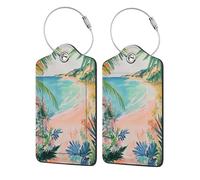 Pink Beach Waves Wild Flowers Vintage Luggage Tag for Suitcase 2 Pack Leather Luggage Tag with Privacy Flap Name Id Label and Metal Loop for Women Men Travel